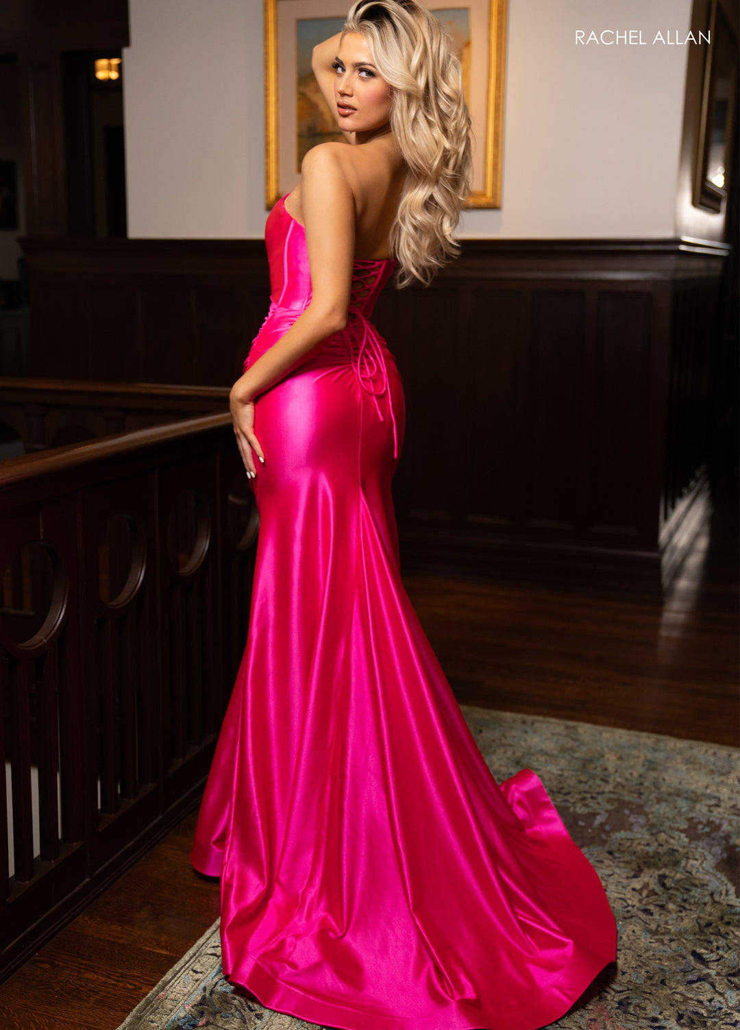 Satin Fitted Strapless Slit Gown by Rachel Allan 70720