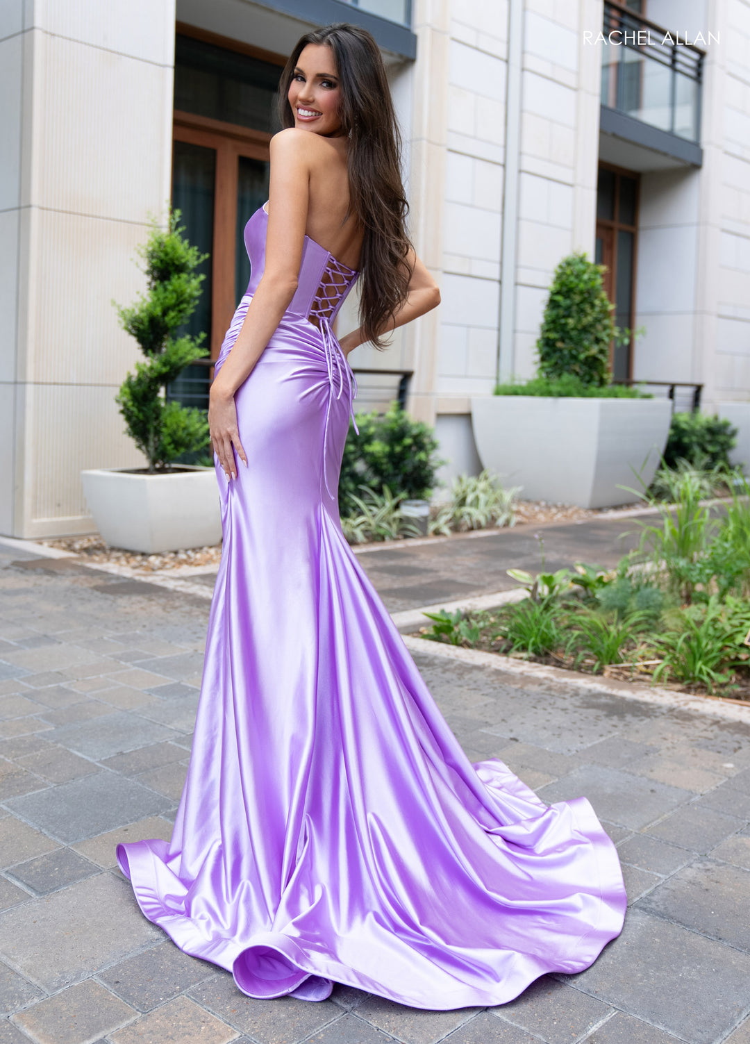 Satin Fitted Strapless Slit Gown by Rachel Allan 70720