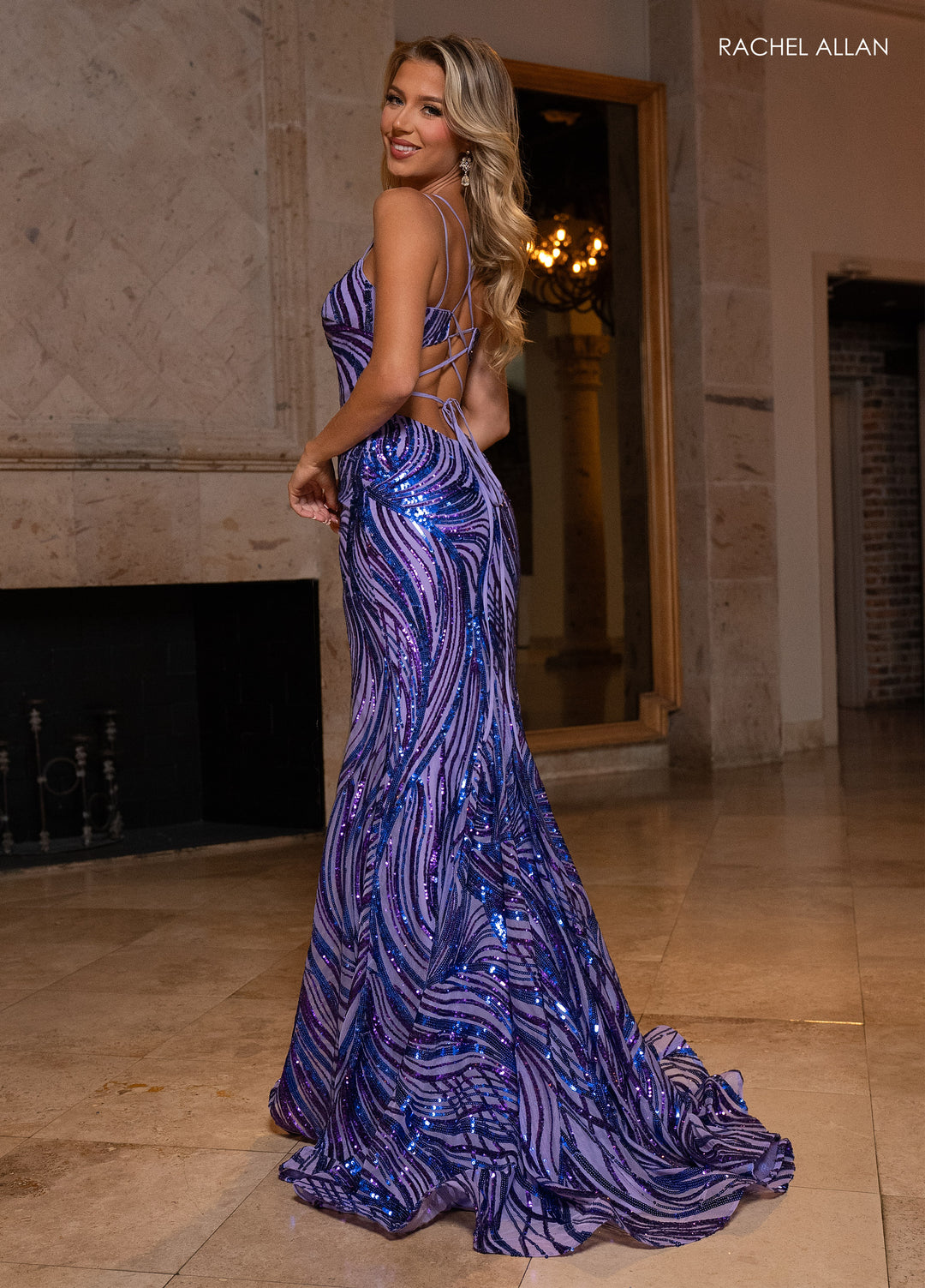 Sequin Print V-Neck Slit Gown by Rachel Allan 70721