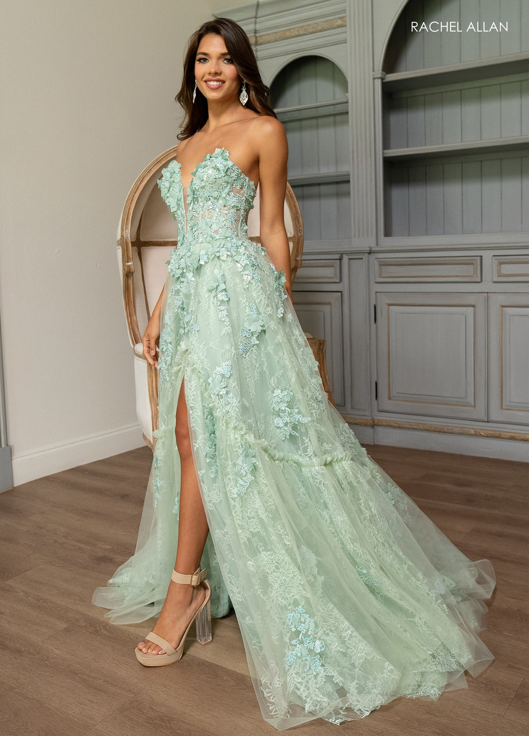 3D Floral Strapless A-line Slit Gown by Rachel Allan 70724