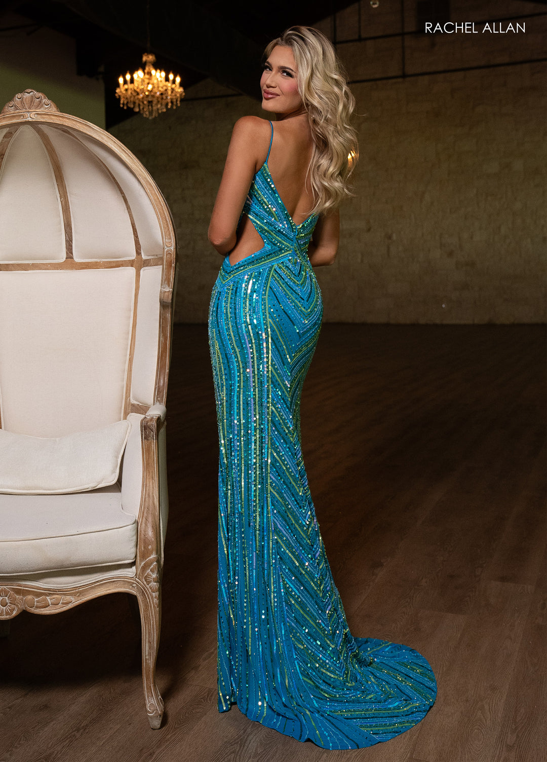 Multicolor Beaded V-Neck Gown by Rachel Allan 70760