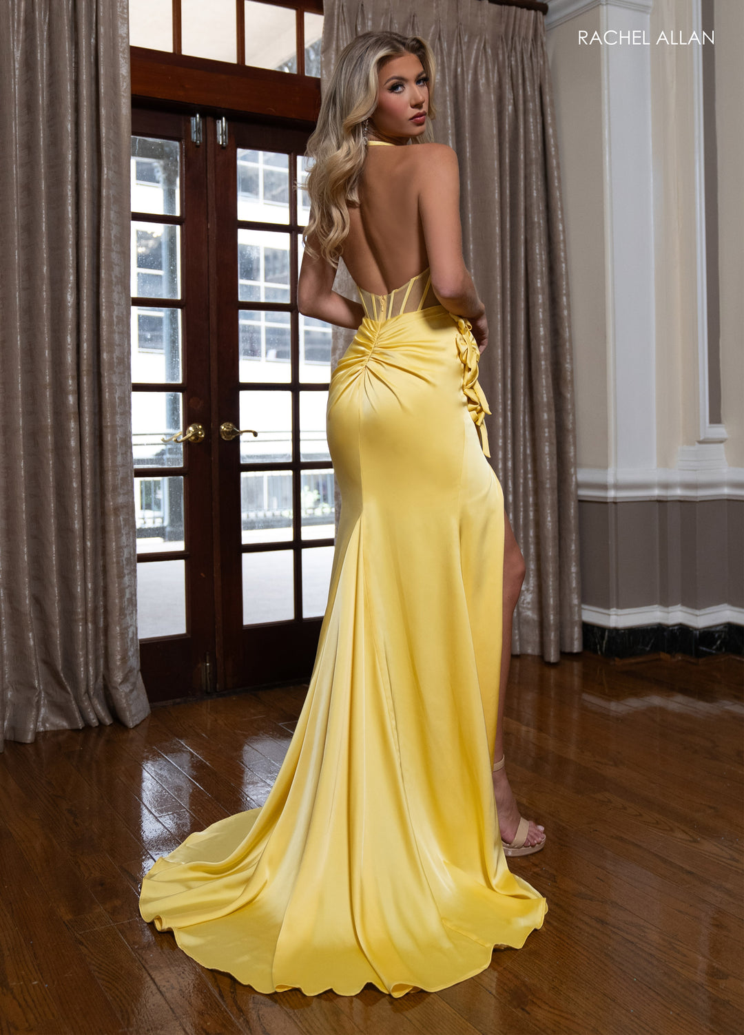 Fitted Halter Corset Slit Gown by Rachel Allan 70786