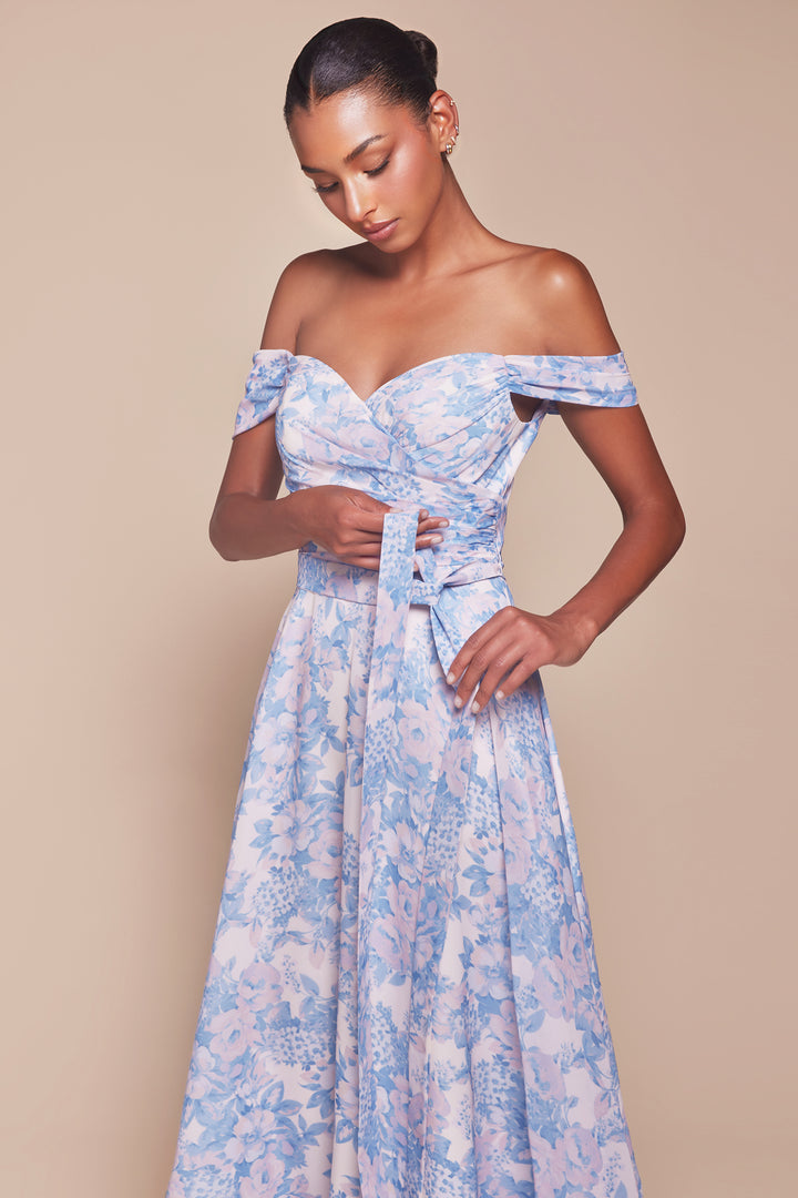 Floral Print Off Shoulder A-line Gown by Ladivine 7441