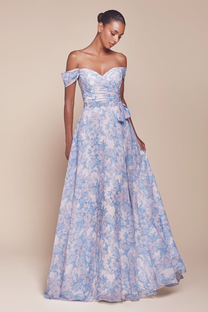 Floral Print Off Shoulder A-line Gown by Ladivine 7441