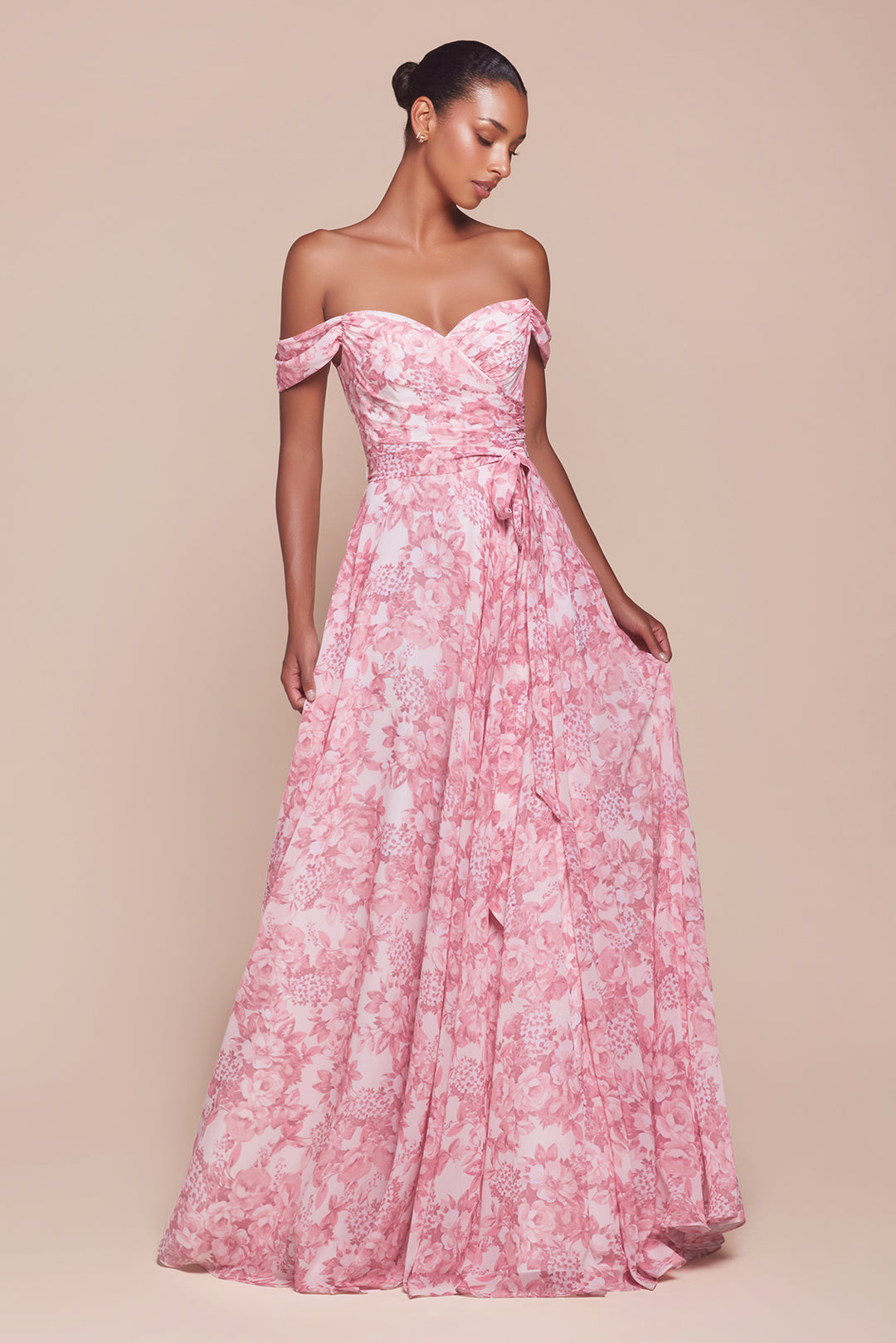 Floral Print Off Shoulder A-line Gown by Ladivine 7441