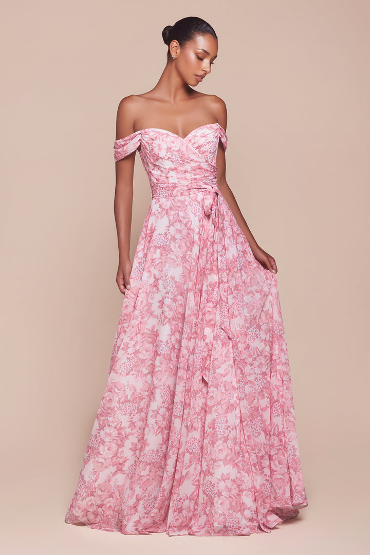 Floral Print Off Shoulder A-line Gown by Ladivine 7441