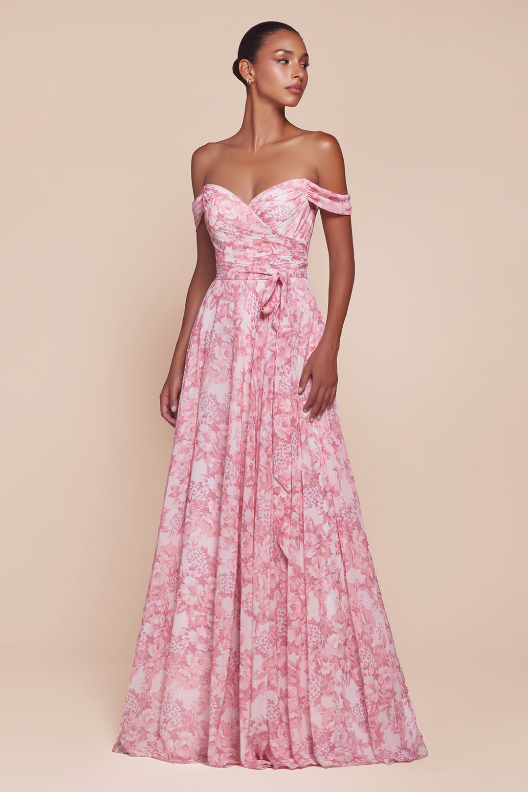 Floral Print Off Shoulder A-line Gown by Ladivine 7441