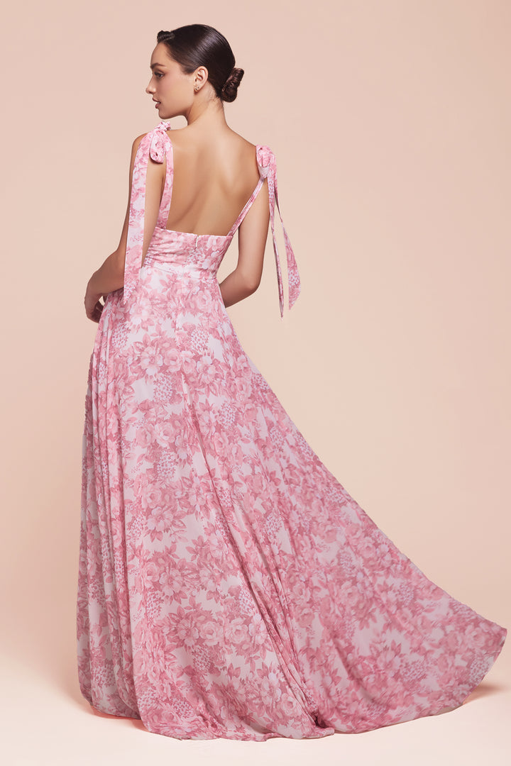 Floral Print Sleeveless A-line Slit Gown by Ladivine 7442