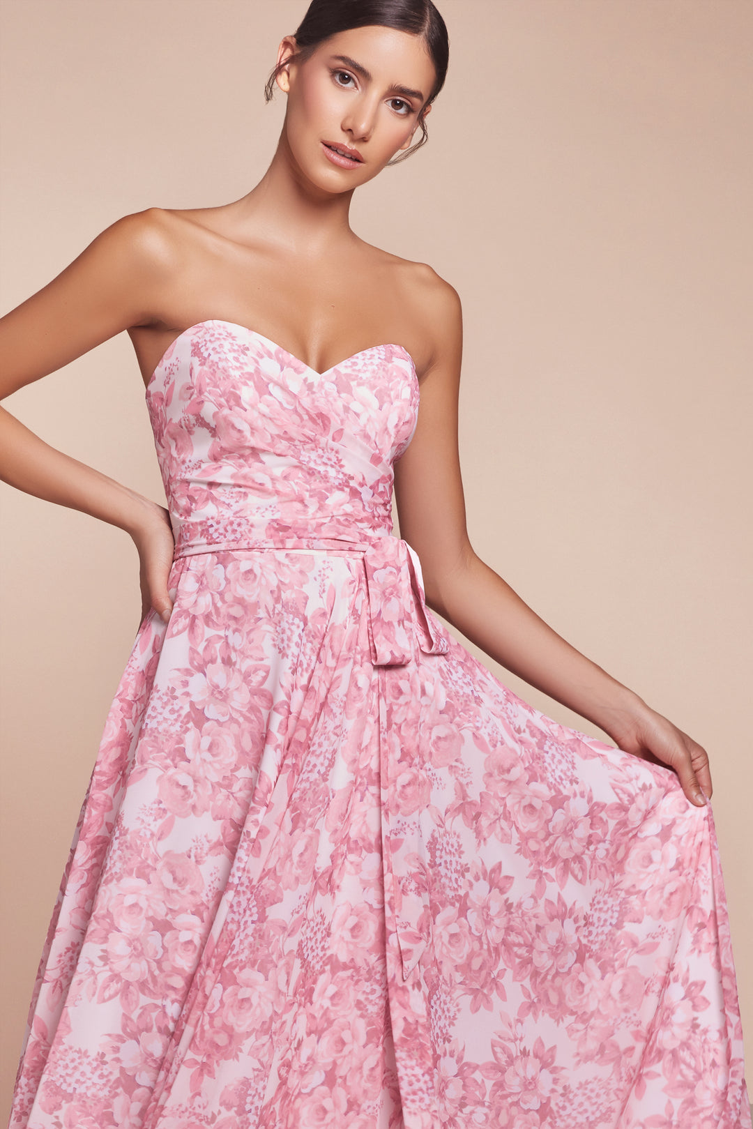 Floral Print Strapless A-line Gown by Ladivine 7443