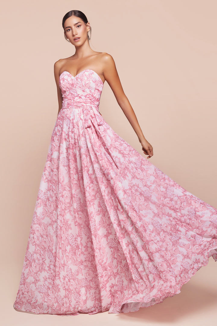 Floral Print Strapless A-line Gown by Ladivine 7443