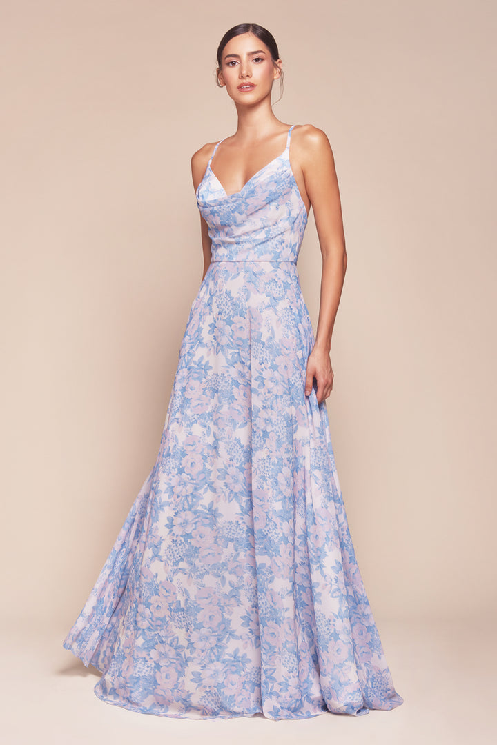 Floral Print Sleeveless A-line Gown by Ladivine 7444