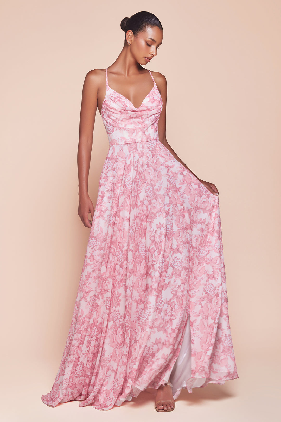 Floral Print Sleeveless A-line Gown by Ladivine 7444