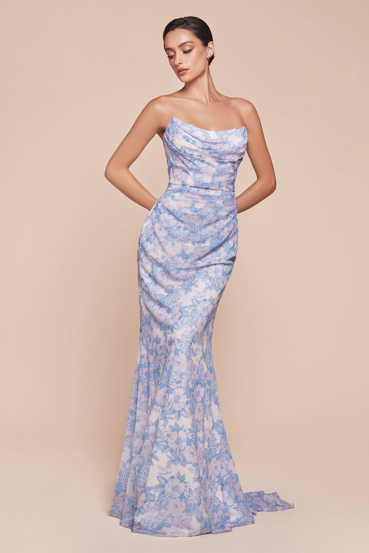 Floral Print Fitted Strapless Gown by Ladivine 7445