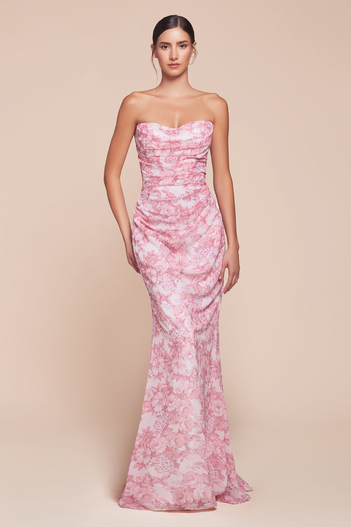 Floral Print Fitted Strapless Gown by Ladivine 7445 - Outlet