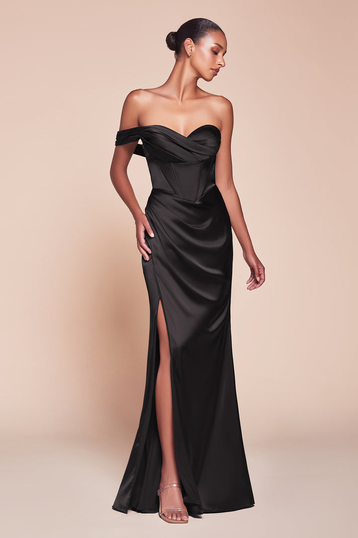 Satin Fitted One Shoulder Slit Gown by Ladivine 7448