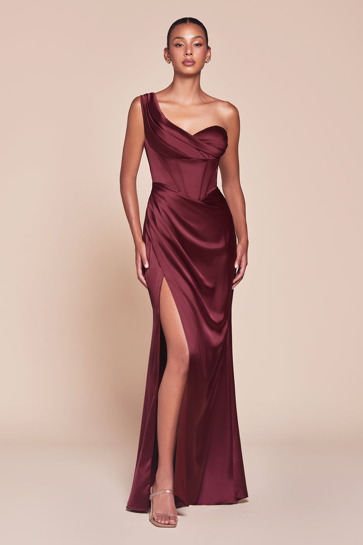 Satin Fitted One Shoulder Slit Gown by Ladivine 7448