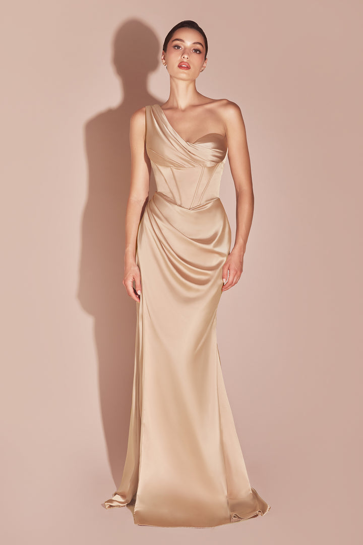 Satin Fitted One Shoulder Slit Gown by Ladivine 7448