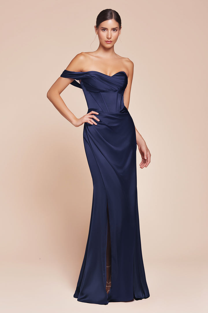 Satin Fitted One Shoulder Slit Gown by Ladivine 7448