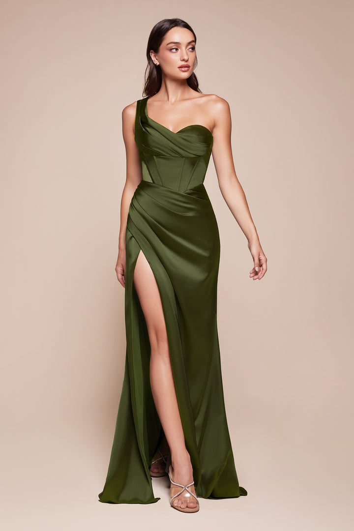 Satin Fitted One Shoulder Slit Gown by Ladivine 7448