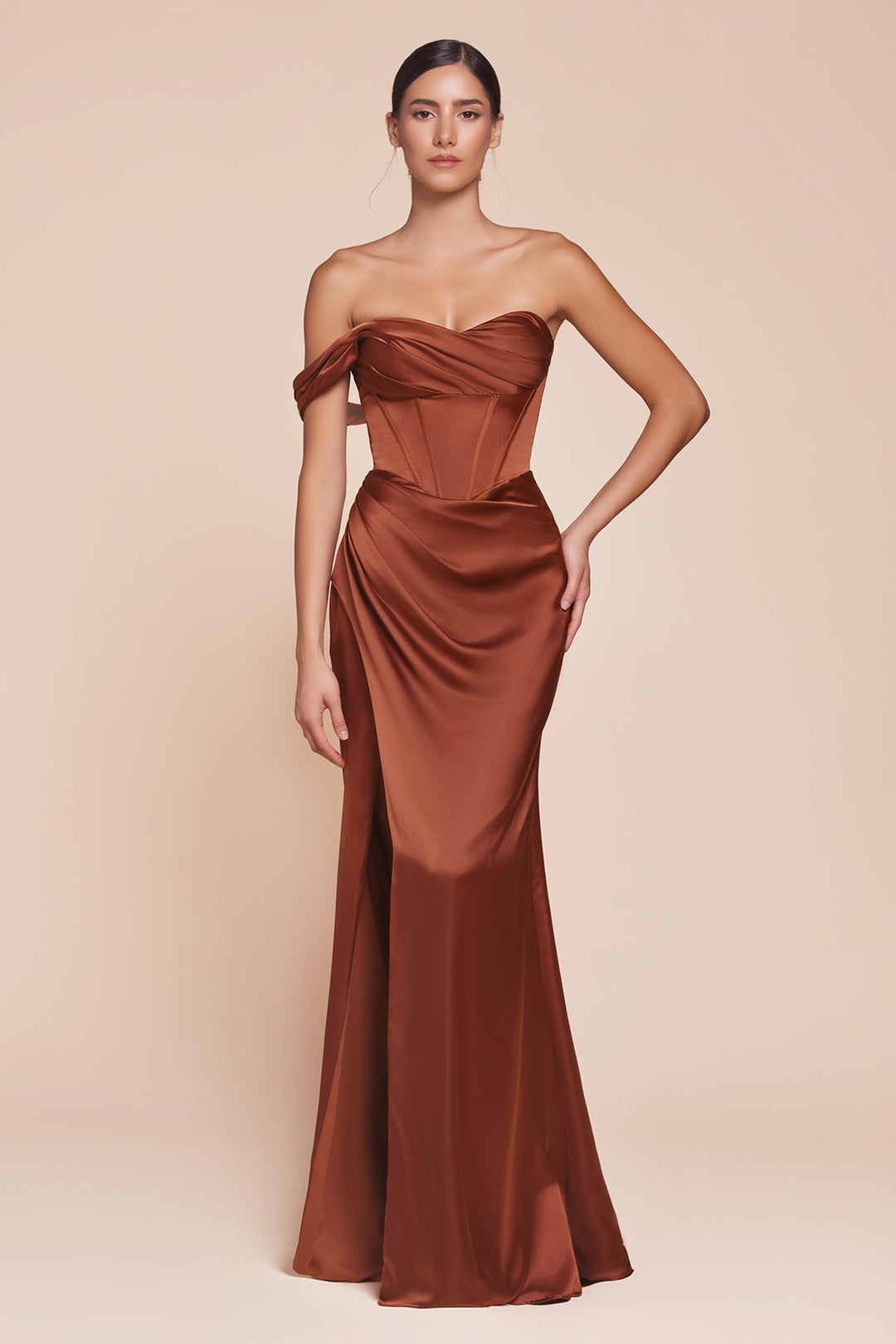 Satin Fitted One Shoulder Slit Gown by Ladivine 7448