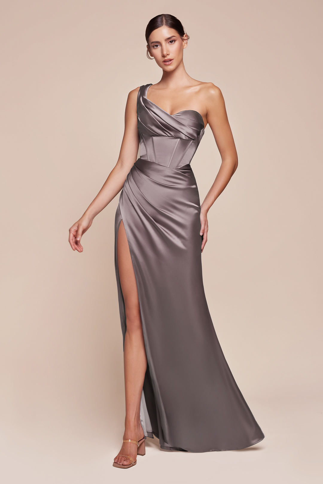 Satin Fitted One Shoulder Slit Gown by Ladivine 7448