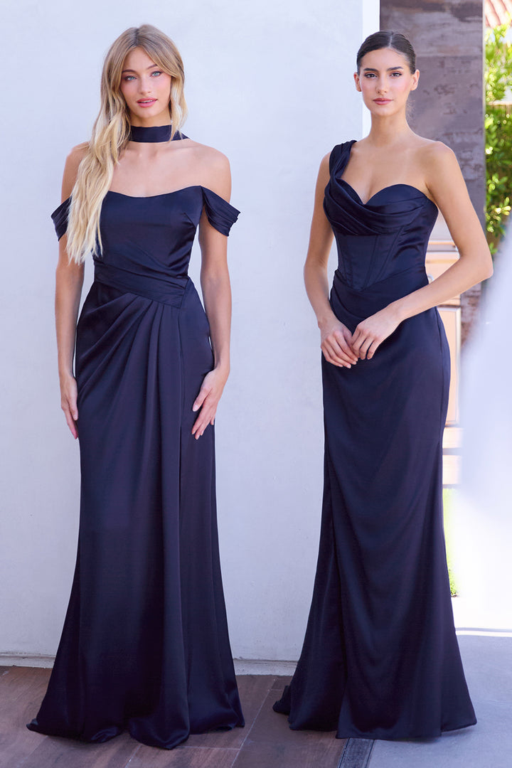 Satin Fitted Off Shoulder Slit Gown by Ladivine 7452