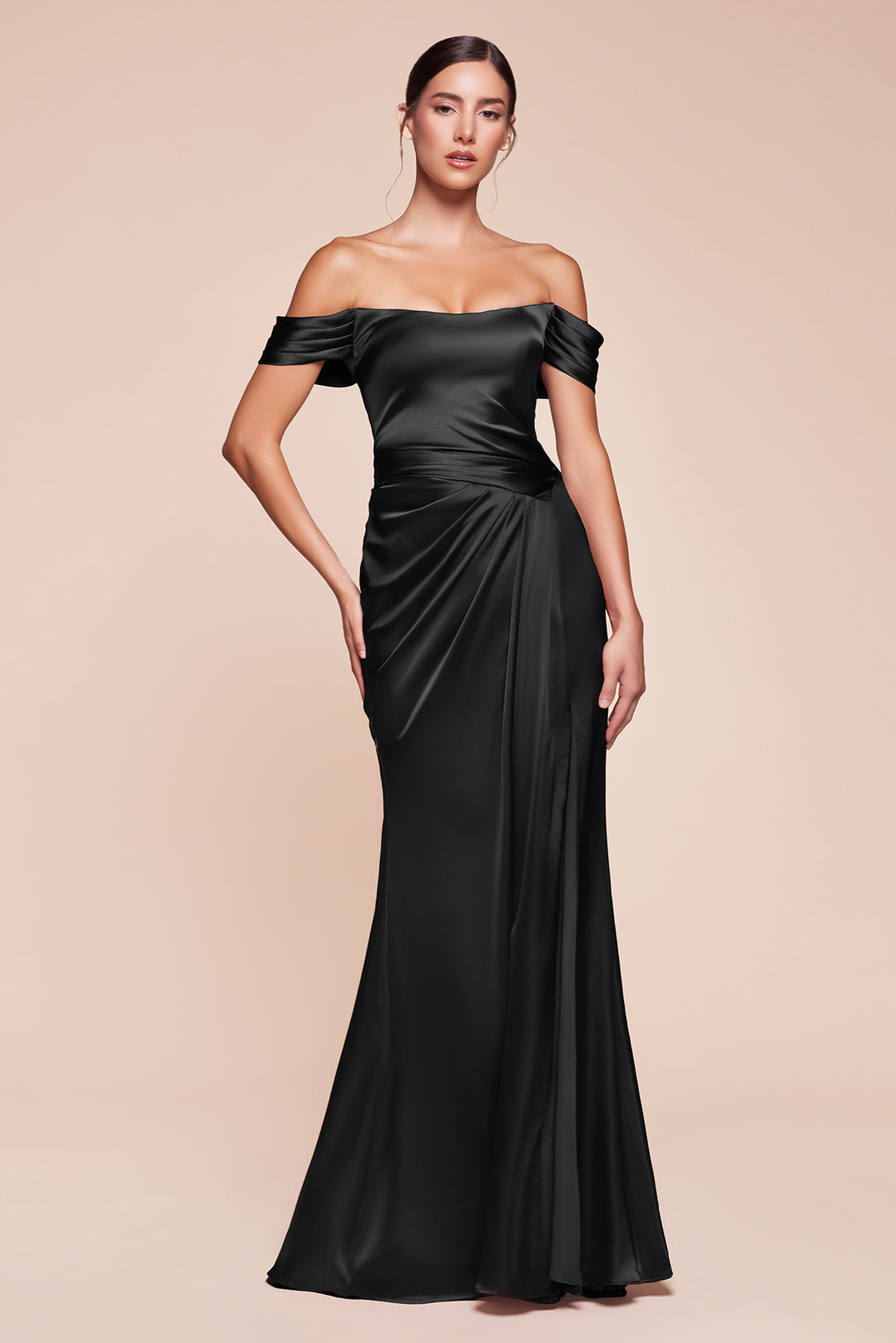 Satin Fitted Off Shoulder Slit Gown by Ladivine 7452