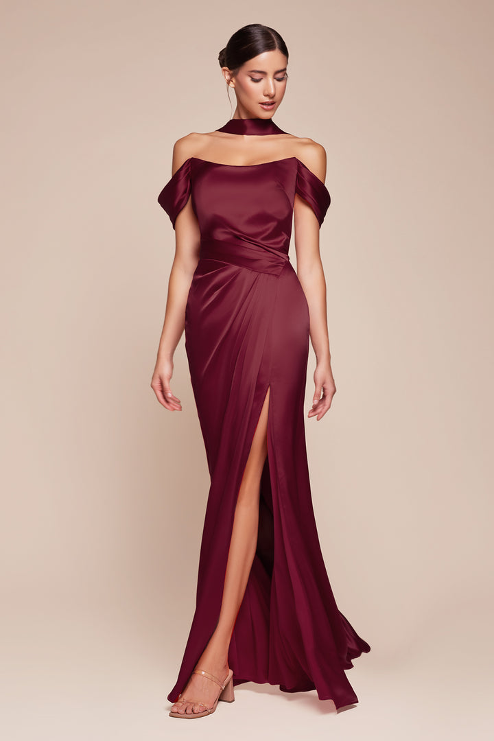 Satin Fitted Off Shoulder Slit Gown by Ladivine 7452