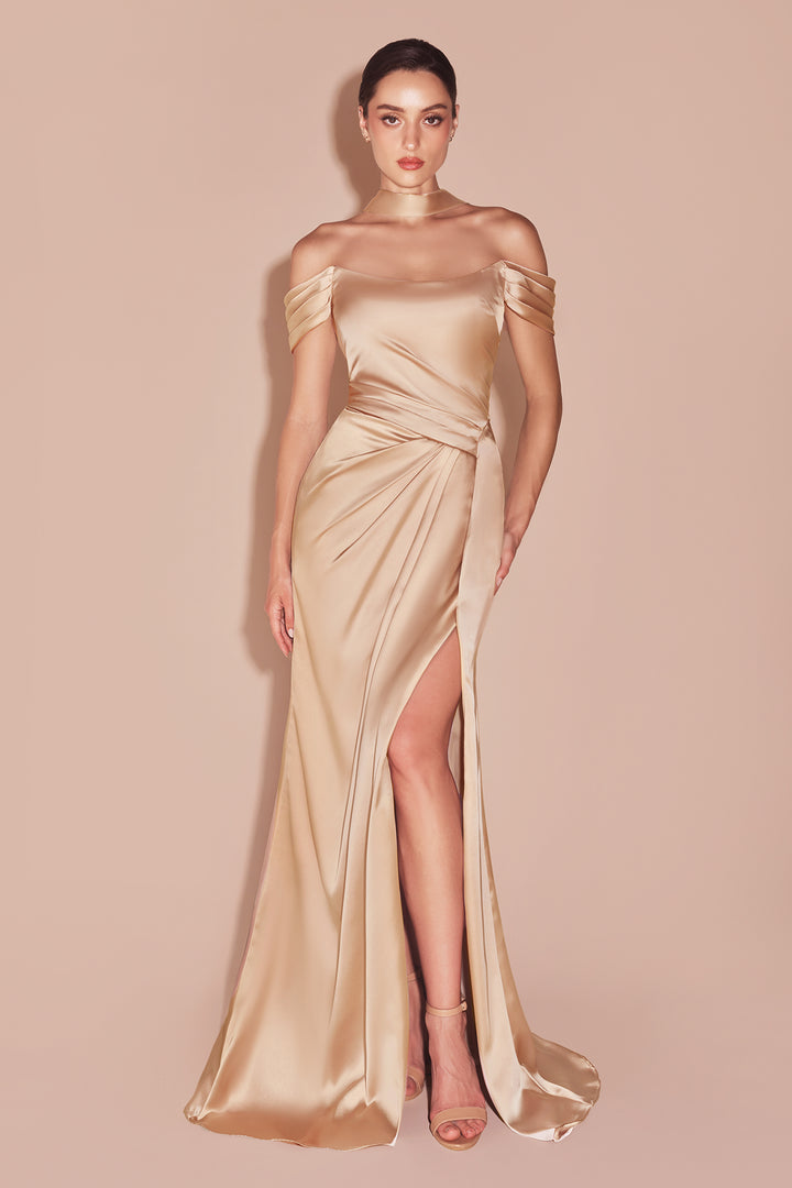 Satin Fitted Off Shoulder Slit Gown by Ladivine 7452