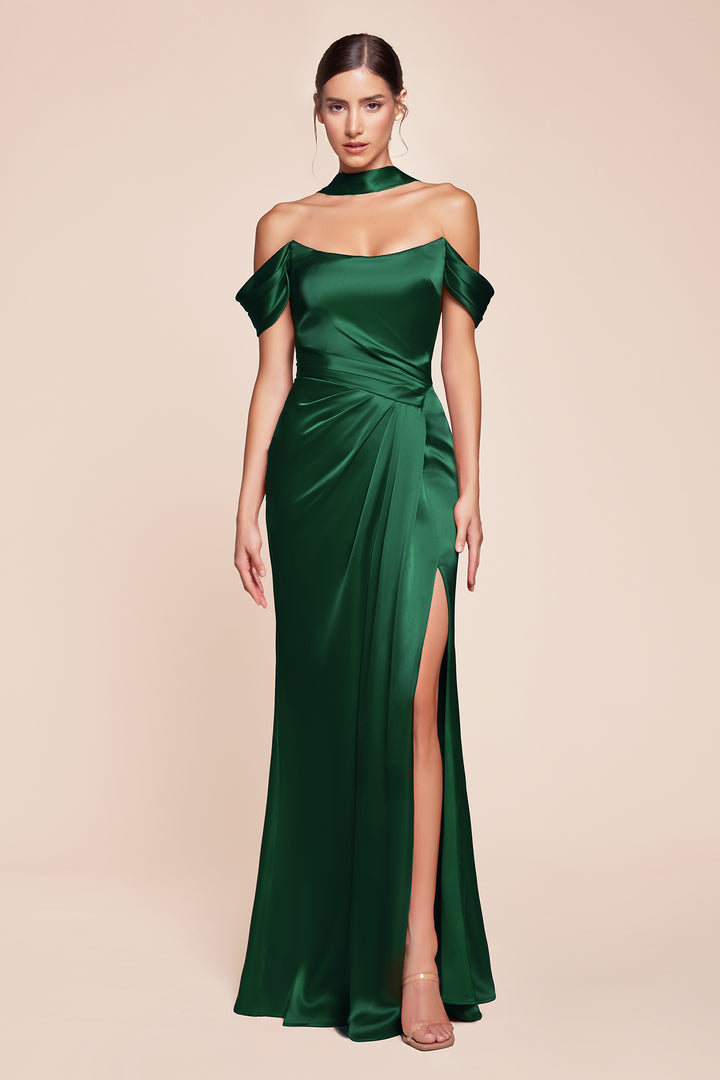 Satin Fitted Off Shoulder Slit Gown by Ladivine 7452