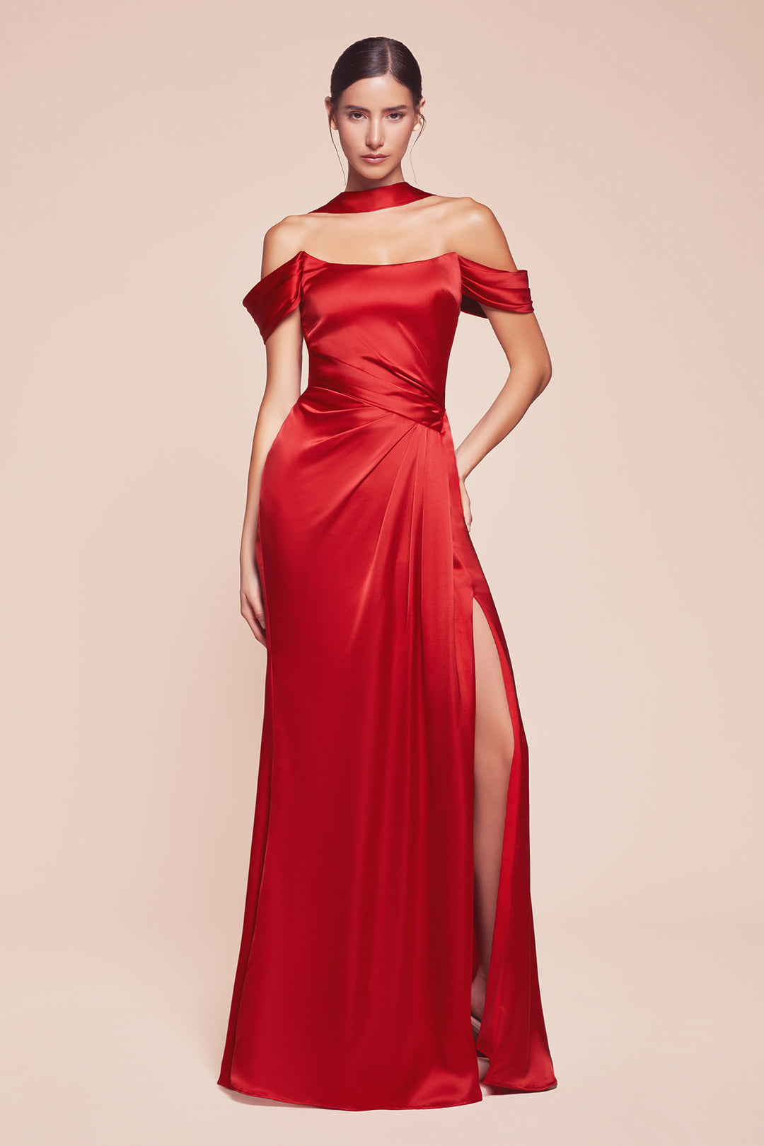 Satin Fitted Off Shoulder Slit Gown by Ladivine 7452