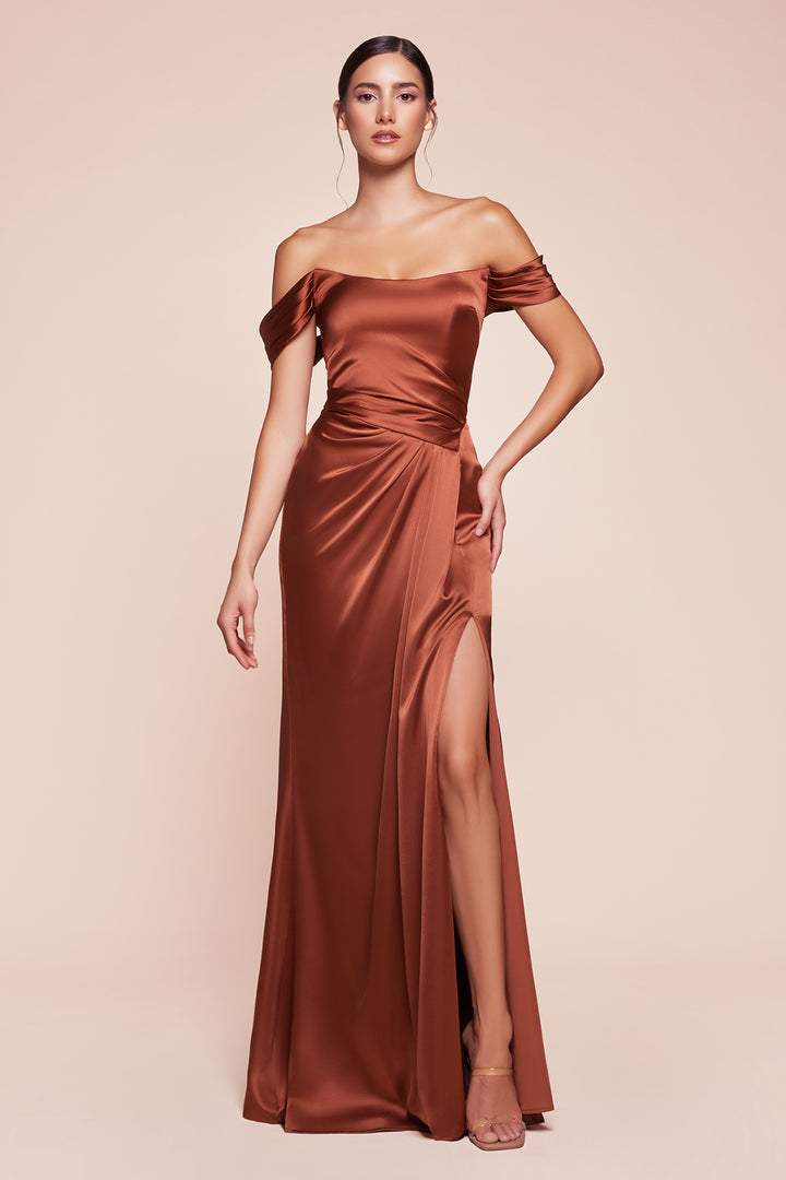 Satin Fitted Off Shoulder Slit Gown by Ladivine 7452