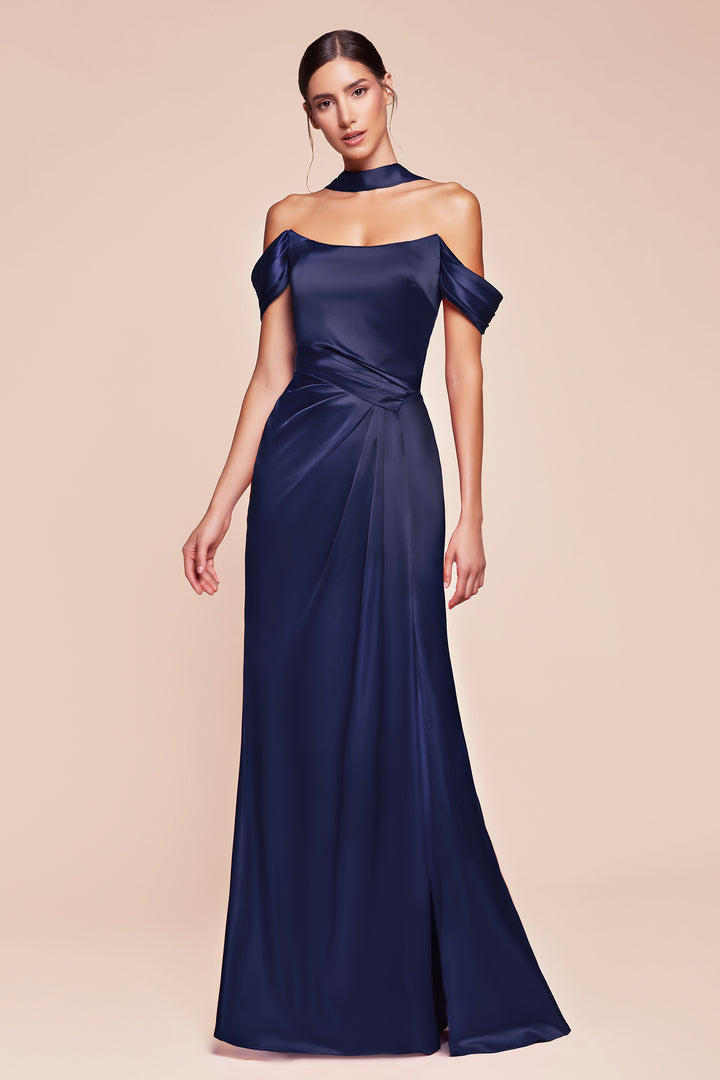 Satin Fitted Off Shoulder Slit Gown by Ladivine 7452