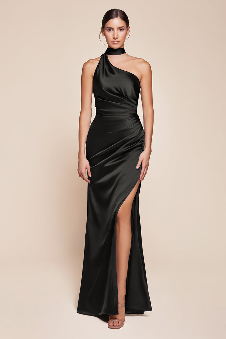 Satin Fitted One Shoulder Slit Gown by Ladivine 7454