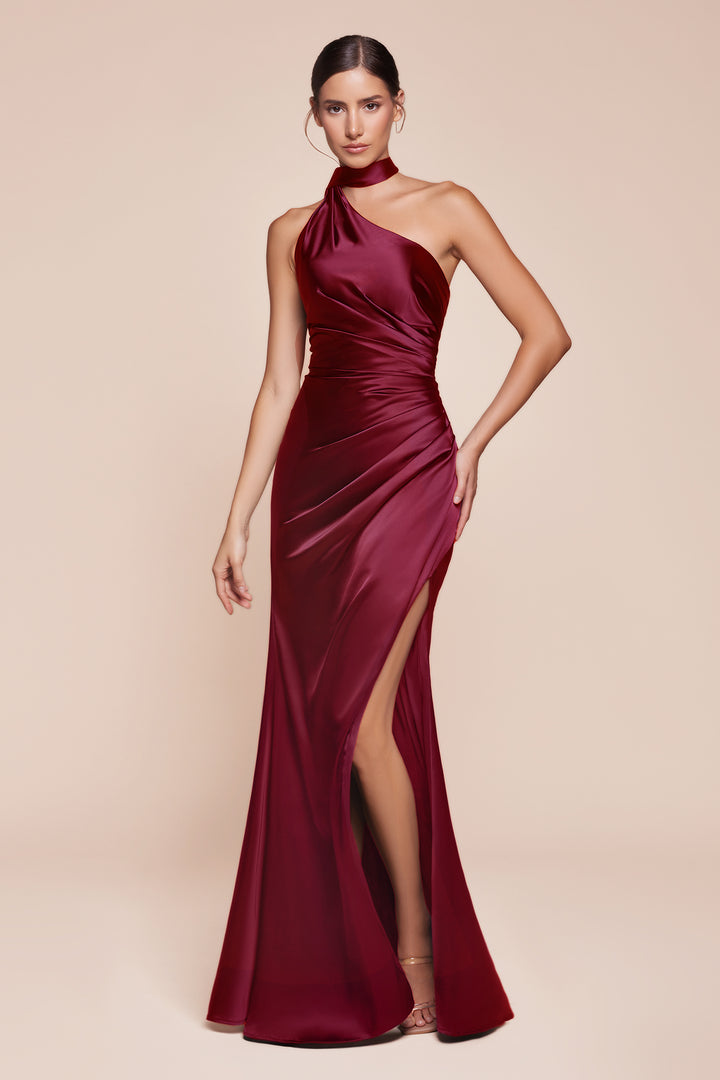 Satin Fitted One Shoulder Slit Gown by Ladivine 7454