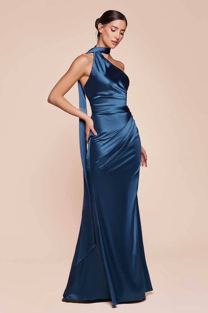 Satin Fitted One Shoulder Slit Gown by Ladivine 7454