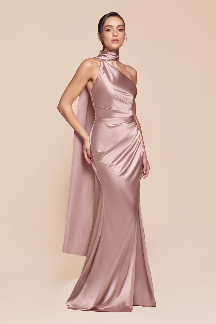 Satin Fitted One Shoulder Slit Gown by Ladivine 7454