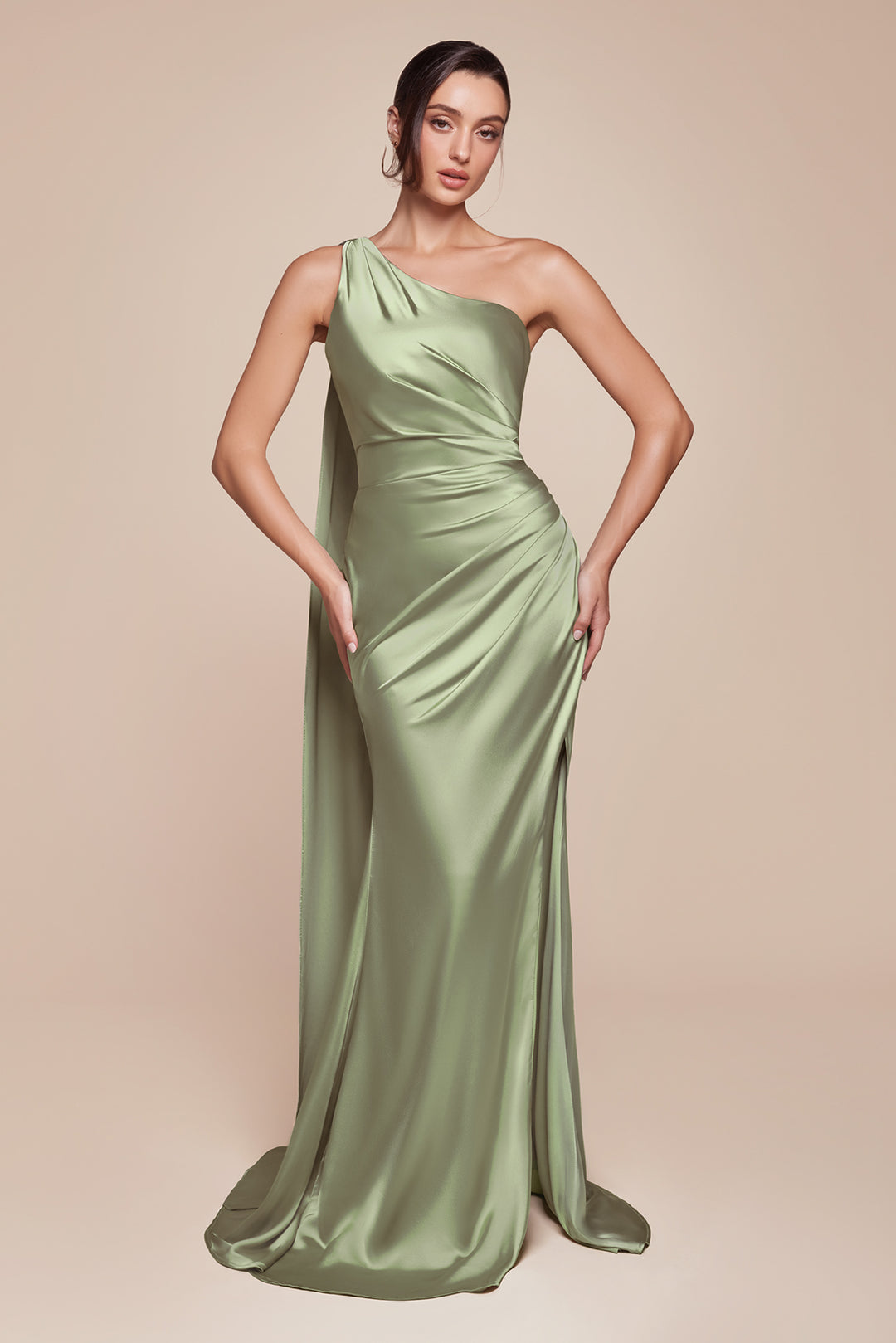 Satin Fitted One Shoulder Slit Gown by Ladivine 7454