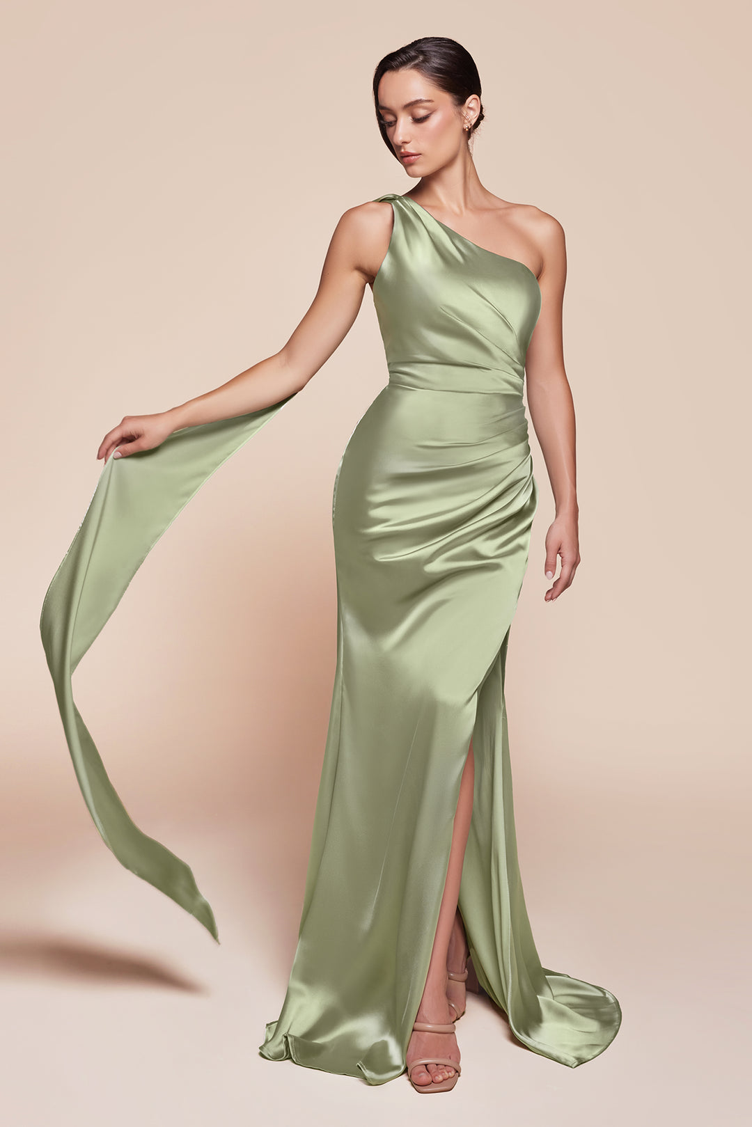 Satin Fitted One Shoulder Slit Gown by Ladivine 7454