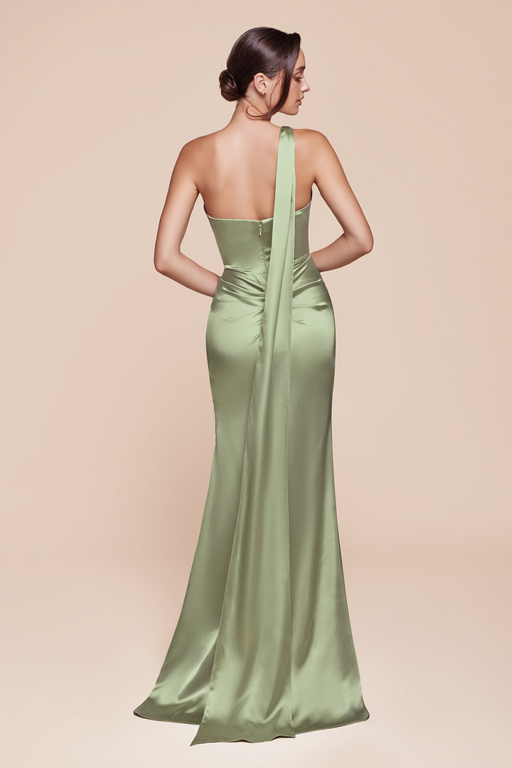 Satin Fitted One Shoulder Slit Gown by Ladivine 7454