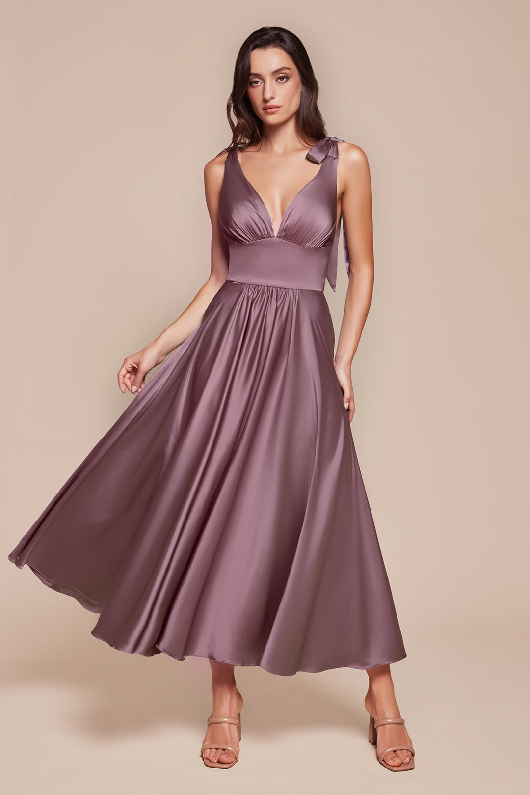 Satin Sleeveless A-line Tea Length Dress by Ladivine 7499