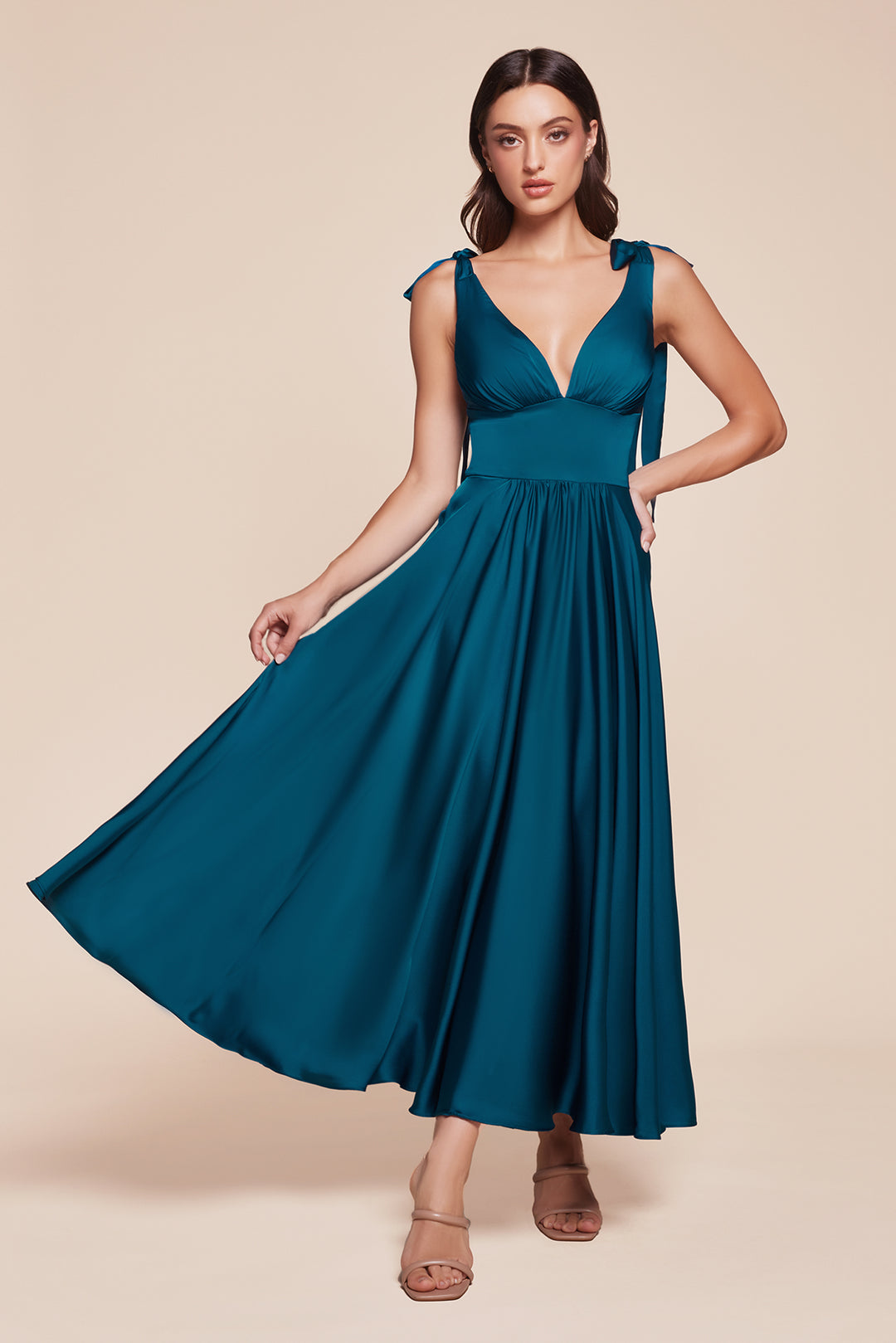 Satin Sleeveless A-line Tea Length Dress by Ladivine 7499