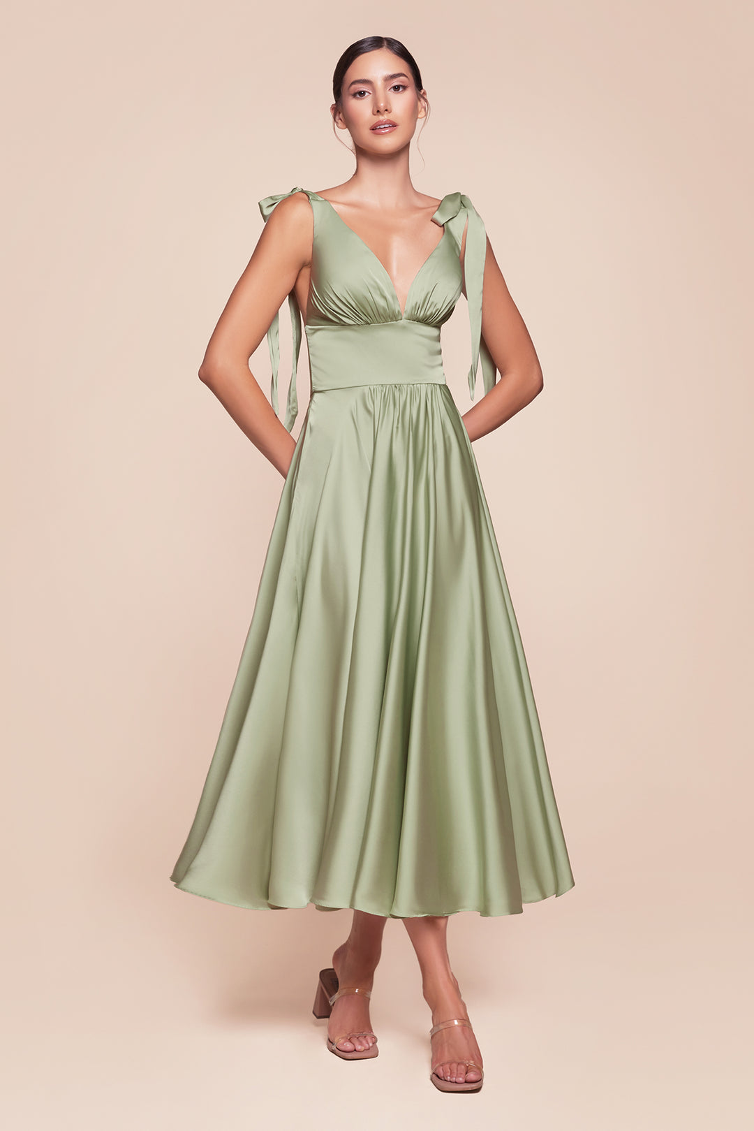 Satin Sleeveless A-line Tea Length Dress by Ladivine 7499