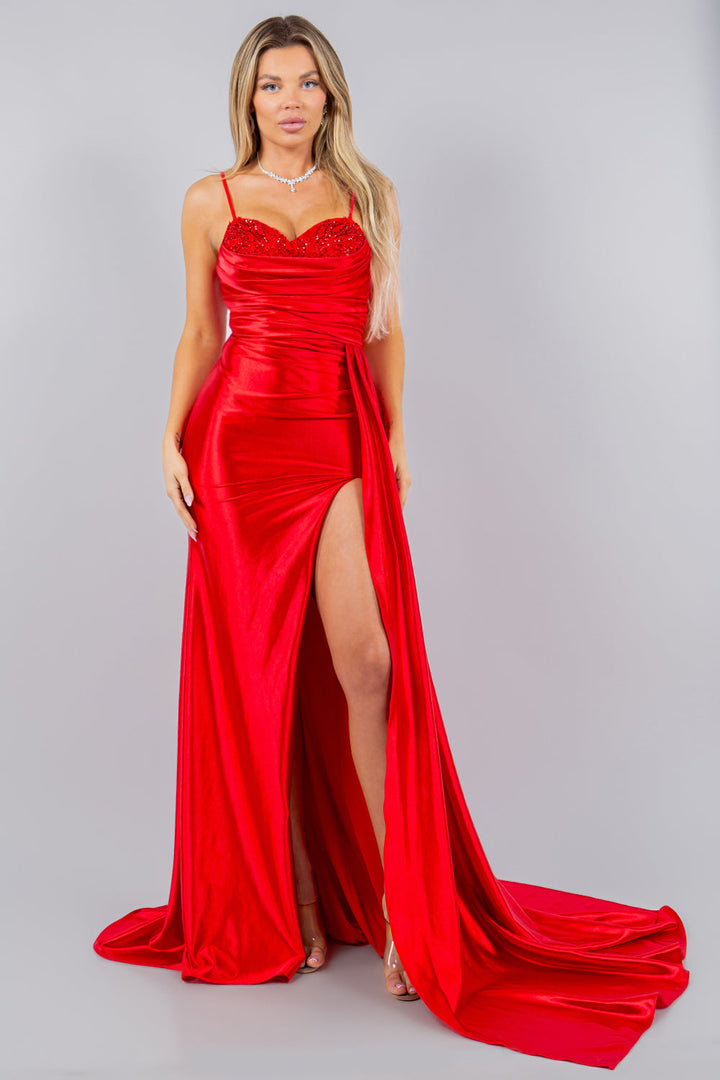 Fitted Beaded Satin Slit Gown by Cinderella Couture 8082J - Outlet