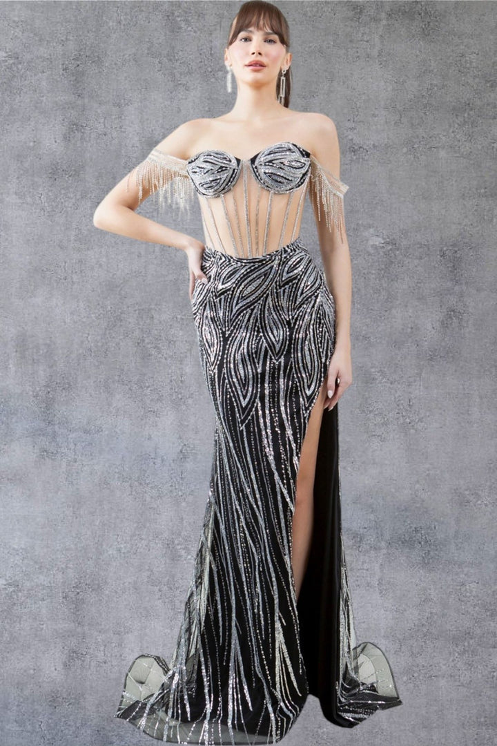 Off Shoulder Fringe Gown by Cinderella Couture 8147J