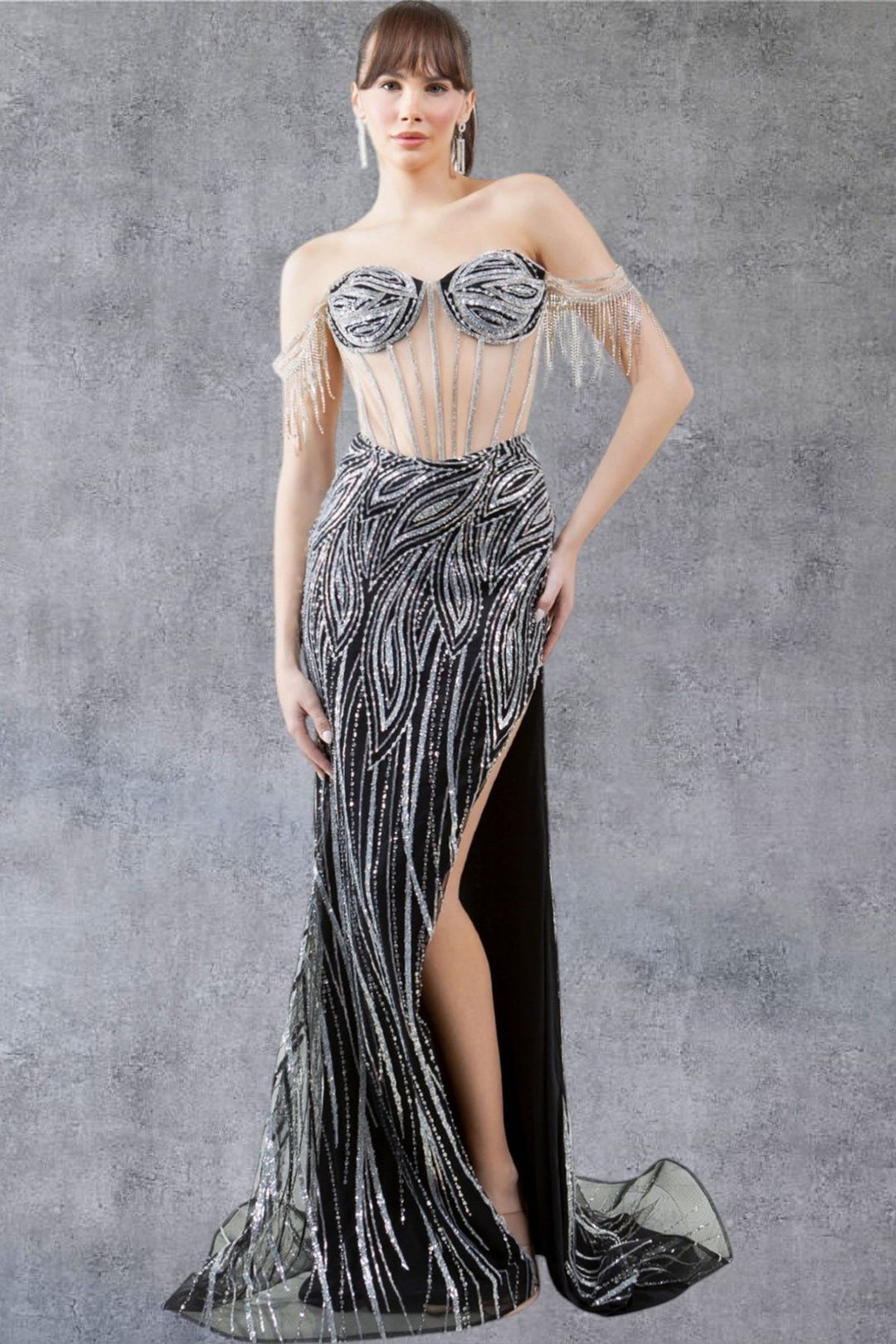 Off Shoulder Fringe Gown by Cinderella Couture 8147J