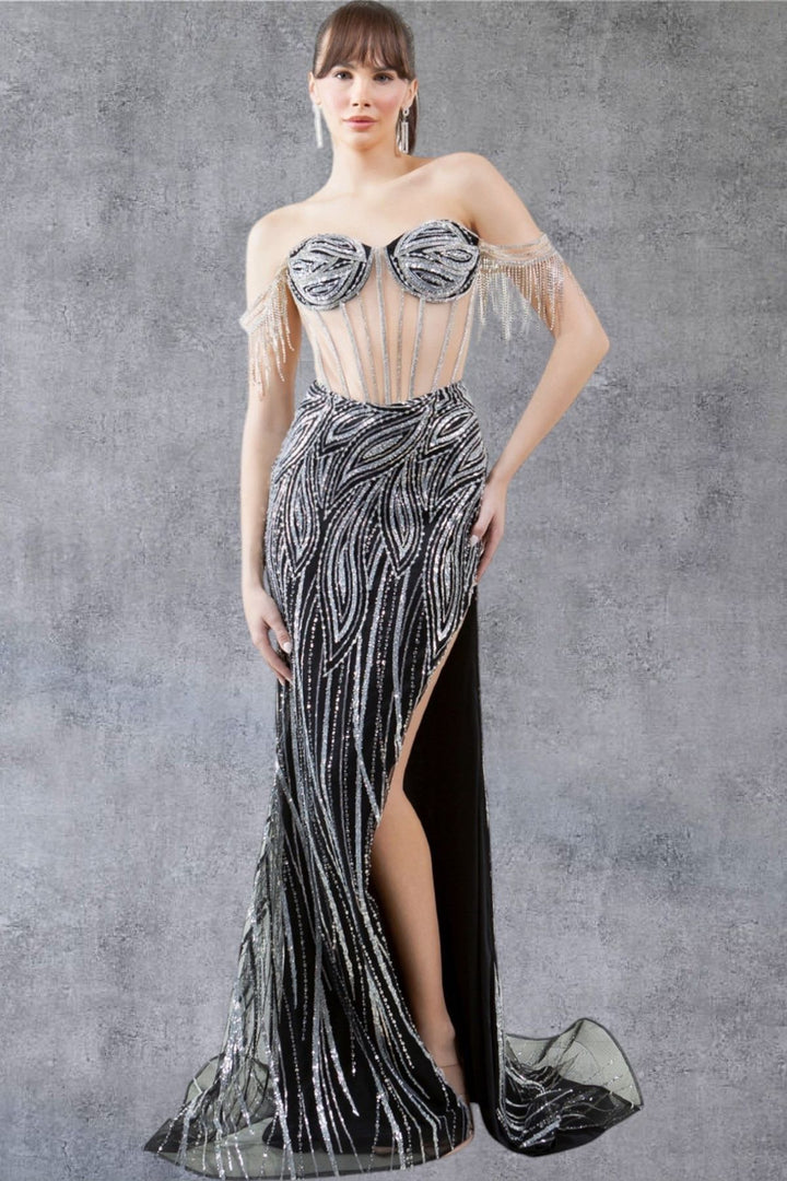 Off Shoulder Fringe Gown by Cinderella Couture 8147J