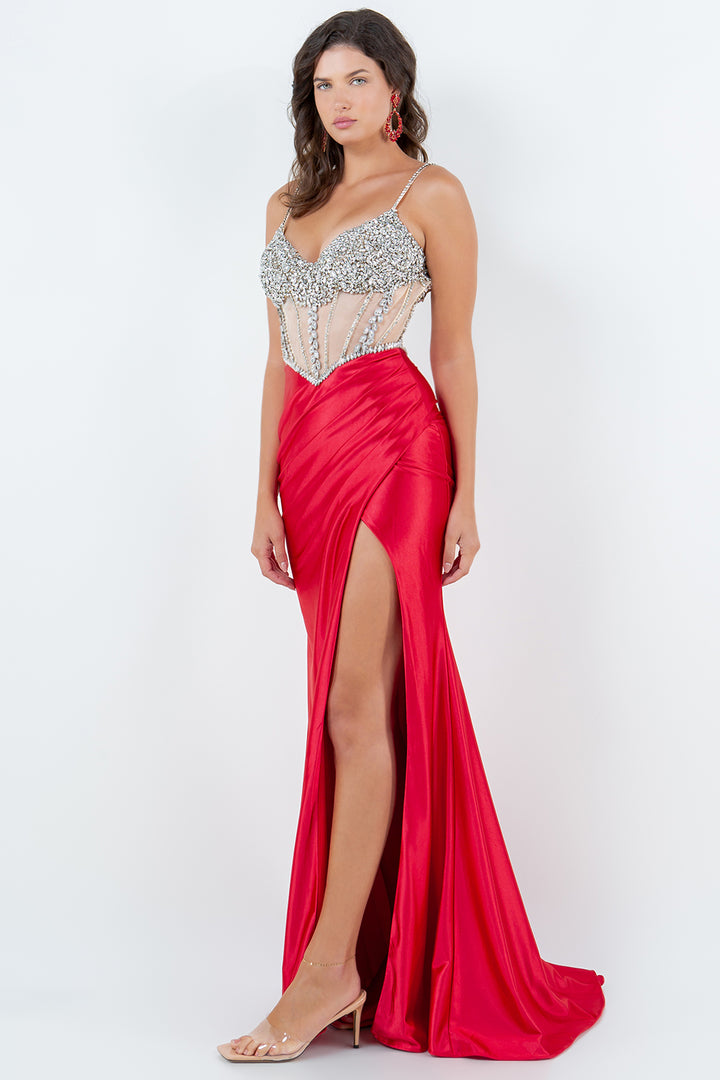 Beaded Sheer Corset Slit Gown by Cinderella Couture 8171J