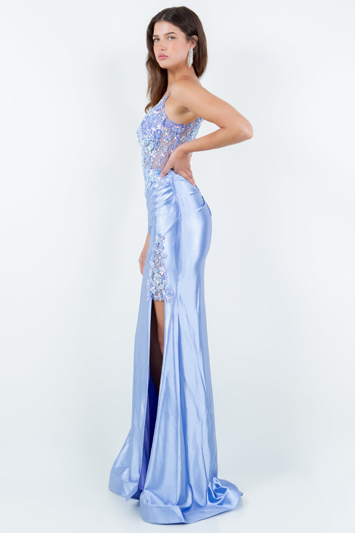 Applique Satin Slit Gown by Cinderella Couture 8213J