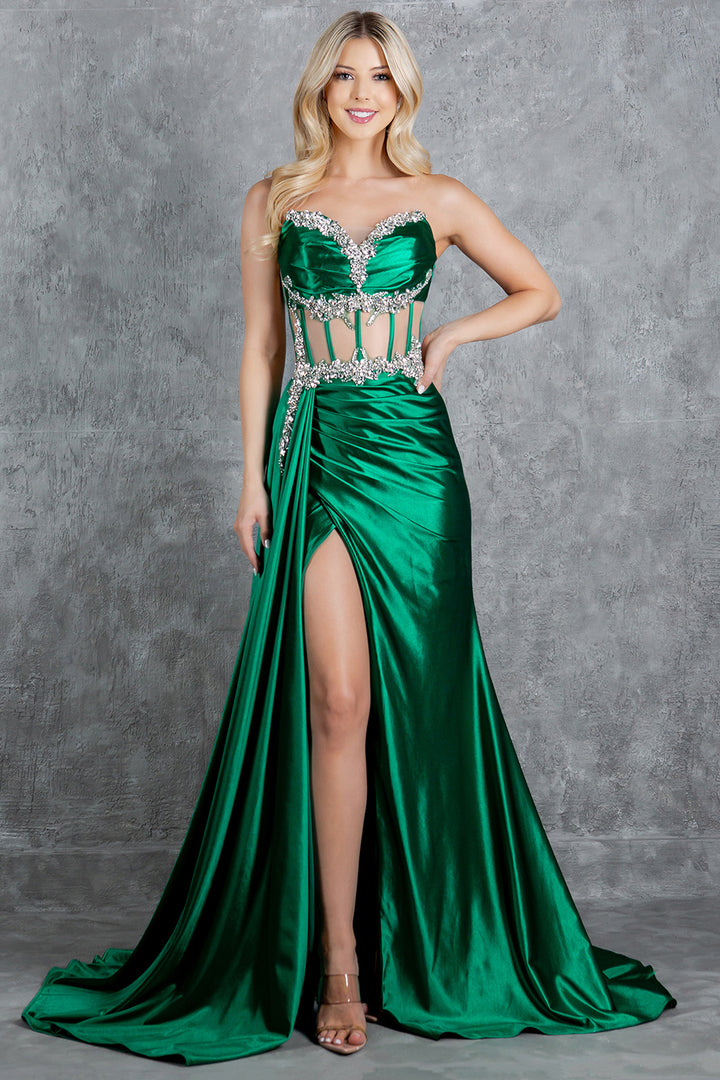 Beaded Satin Corset Slit Gown by Cinderella Couture 8214J